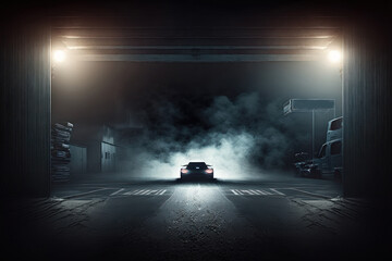 An empty dark scene with a dark blue background, a dark street, and spotlights The studio space has a smoke filled ceiling and an asphalt floor. night scene. Generative AI