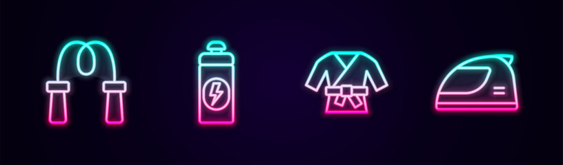Set line Jump rope, Fitness shaker, Kimono and Racing helmet. Glowing neon icon. Vector