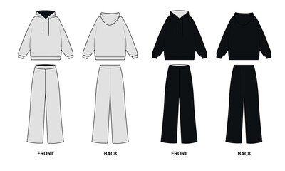 Sketch of a fashionable suit consisting of wide trousers and a hoodie in white and black colors, vector. Set of Contour drawings of tracksuit pants and sweatshirt, front and back view. Fashionable clo