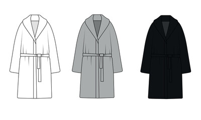 Set of bathrobe white, gray and black colors vector. Sketch of clothes for home and leisure. Robe base model outline vector drawing. Black bathrobe, vector. - obrazy, fototapety, plakaty