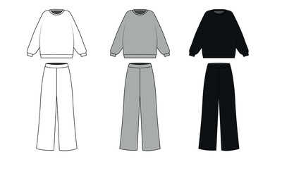 Set of drawings of a tracksuit in white gray and black colors, vector. Sweatshirt with a round neck and wide trousers painted on a white background. Pajama sketch consisting of a jacket and wide pants