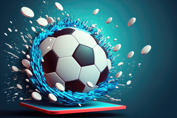 Fototapeta premium Sport concept design, illustrator, blue backdrop, sport online live, bet casino design, goal competition, object. motion graphic. Football ball with smartphone screen motion effect. Generative AI