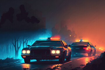 Fototapeta na wymiar Action film idea. Police cars and a short film are set against a foggy, dark background. Following an automobile at night in a police car. accident at the crime scene. selective attention. Generative