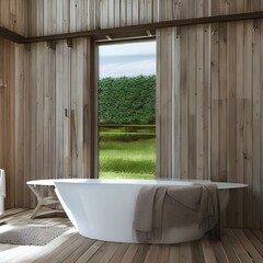 Farmhouse bathroom design with a shiplap wall and a freestanding bathtub2, Generative AI