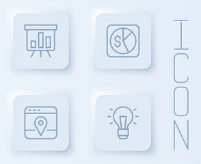 Set line Board with graph chart, Market analysis, Infographic of city map and Light bulb. White square button. Vector