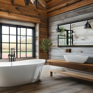 Farmhouse bathroom design with a shiplap wall and a freestanding bathtub3, Generative AI