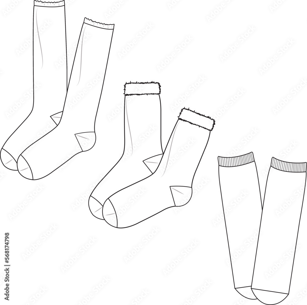 Wall mural Unisex Socks Set. Technical fashion socks illustration. Flat apparel socks template front, white color. Unisex CAD mock-up. - Wall murals