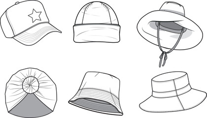 Unisex Hat Set. Technical fashion hat illustration. Flat apparel hat template white color. Unisex CAD mock-up.