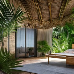Tropical bedroom design with palm leaves and rattan furniture2, Generative AI
