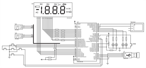 Schematic diagram of electronic device.
Vector drawing electrical circuit with 
microcontroller, temperature sensors,
led panel, keyboard, terminal, usb,
button, resistor, other electronic components.