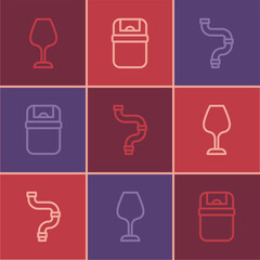 Set line Wine glass, Industry metallic pipe and Trash can icon. Vector