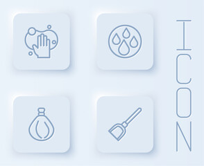 Set line Sponge, Water drop, Garbage bag and Dustpan. White square button. Vector