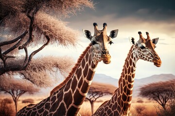  two giraffes standing next to each other in a field with trees in the background and a sky with clouds in the background.  generative ai