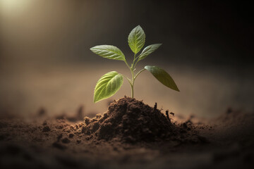 Fototapeta na wymiar In nature, a young plant is developing in the sun on dirt. green Earth Day idea. Generative AI