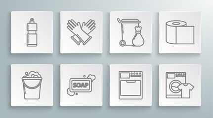Set line Bucket with foam and bubbles, Rubber gloves, Bar of soap, Washer, t-shirt, Trash can, Toilet paper roll and Plastic bottles for liquid dishwashing liquid icon. Vector