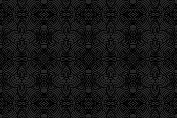Embossed black background, ethnic cover design. Geometric floral 3D pattern, press paper, leather. Tribal boho ornaments of East, Asia, India, Mexico, Aztecs, Peru.