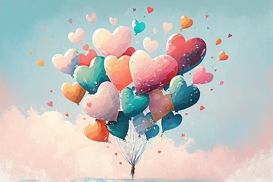  a bunch of heart shaped balloons floating in the air over a body of water with a tree in the middle of the picture and a blue sky background.  generative ai