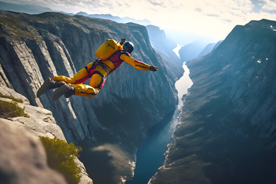 Extreme athlete jumps from a cliff canyon in a mountainous area with a river at the bottom. Generative AI technology.