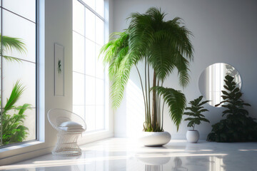Modern white room interior with green plant, Generative AI