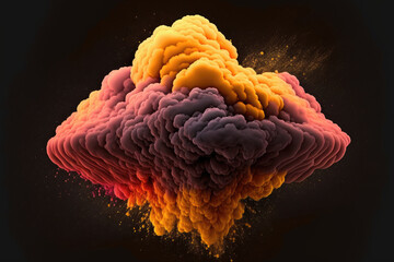 Forms and textures of a powder explosion in the form of a red and yellow color cloud against a black background. Generative AI