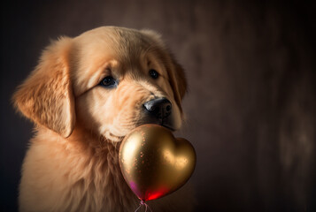 artificial intelligence generated, golden retrieve puppy with heart-shaped balloon, valentine's day card. High quality illustration