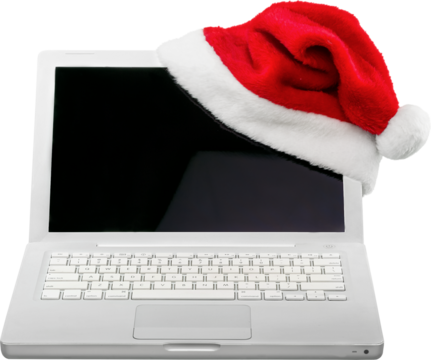 Laptop with santa hat isolated on white background