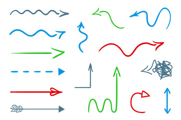 Infographic elements on isolated white background. Hand drawn colored pointers on white. Abstract arrows. Line art. Set of different signs. Colorful illustration