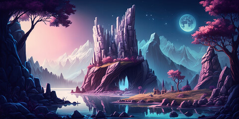 Beautiful Fantasy Landscape Castle: A Stunning Journey Through Majestic Mountains, Glistening Rivers, Radiant Skies, and Lush Summer Trees