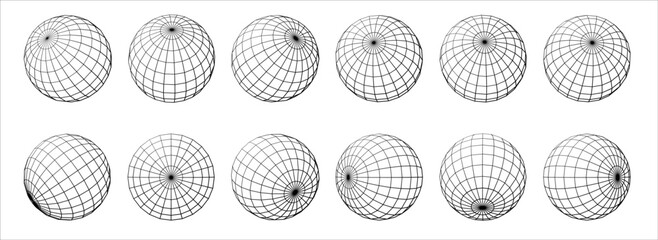 Wireframe Globe grid spheres. Spherical grid globe shapes PNG. Illustration globe striped, global geography surface.