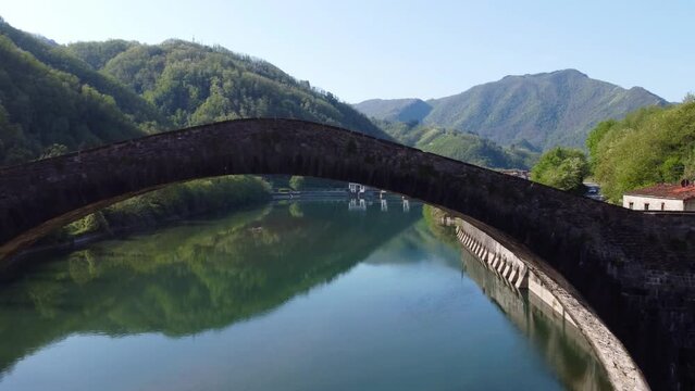 Aerial view with drone on the devil's bridge in a spring day. Borgo a Mozzano, Lucca, Tuscany, Devil's Bridge