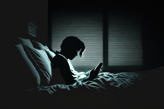 Illustration of a depressed person using a smartphone in bed at night - generative ai