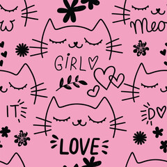 Cute seamless pattern with cats.
Hand drawn kids backgorund for textile,  fashion, wrapping paper, graphic tees