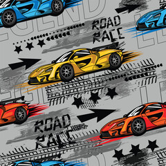 Abstract seamless pattern with sport cars .Bright background with grunge elements for textiles, children's clothes, prints. Pattern for boys