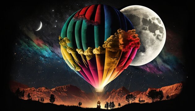  a hot air balloon flying over a mountain range under a full moon and stars filled sky with clouds and a half moon in the sky.  generative ai