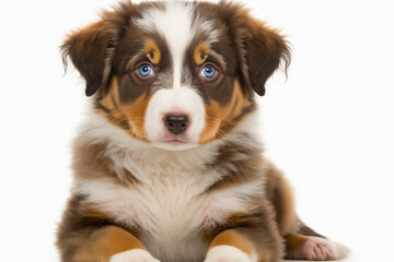 Australian Shepherd puppy in red tricolor, age one, staring at camera, isolated on white. Generative AI