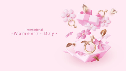 International Women's Day poster with Female sign 3d and composition of spring pink flowers