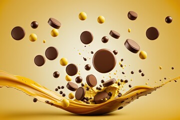  a splash of chocolate with a splash of milk on it and a splash of chocolate on the side of the image with a yellow background.  generative ai
