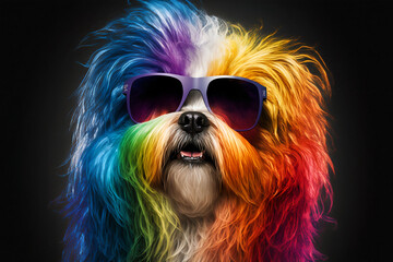 Naklejka premium Cool and colorful dog with sunglasses. Rainbow colors. Diversity, tolerance, inclusion concept. Different and unique to be. Fashionable doggy. Generative AI.
