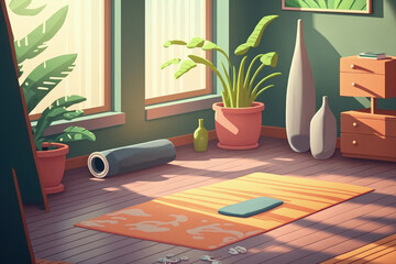 Space for yoga class at home. Exercise mat for yoga, fitness or workout practice at home, living room background. wellness concept. Copy space. Generative AI
