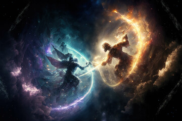 Fototapeta na wymiar Gods of Creation Fighting in Space for Dominance
