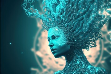Aquarius artificial intelligence as a woman electric, electra, robot android, generated art, generated ai