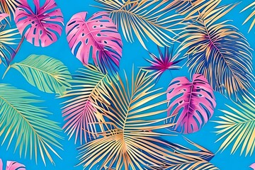 Fototapeta na wymiar Luxury art background with tropical palm leaves in blue and pink colors with golden elements in line style. Botanical decoration, poster, textile, wallpaper, interior design