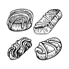 Set chocolate sweets sketch. Confectionery food, candy, bar. Delicious dessert. Chocolate waffles. Yummy. Candies with filling. Cocoa bean product. Hand drawn vector doodle illustration.