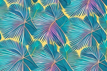 Luxury art background with tropical palm leaves in blue and pink colors with golden elements in line style. Botanical decoration, poster, textile, wallpaper, interior design