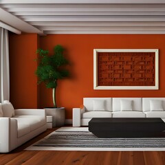 Mediterranean living room design with a white sofa and a terracotta accent wall3, Generative AI