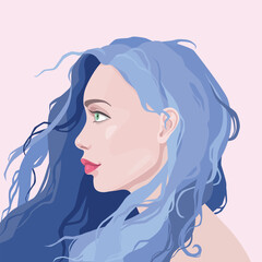 Young woman profile portrait. Illustration of social avatar, girl with blue hair