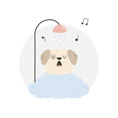 Funny dog singingin a shower. Vector illustration of adorable washing pet