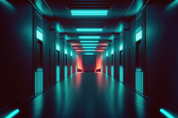 Fototapeta premium Sci fi neon lamps glowed in a dim hallway. reflections in the walls and on the ground. The background is blank in the middle. image. futuristic technology background. Generative AI