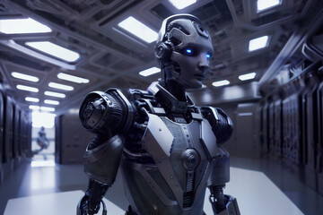 Fototapeta na wymiar A Detailed and Fashionable Humanoid Robot in a Cutting-Edge Spaceship Generative AI 3D Render