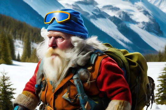 A Goggled Gnome with Backpack Navigates Snowy Peaks Generative AI Art Illustration